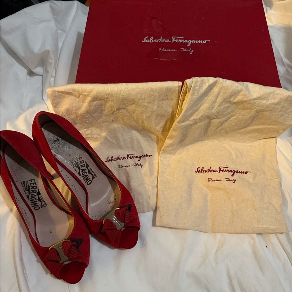 Salvatore Ferragamo CHIRA Red Peep Toe Heels with Bow